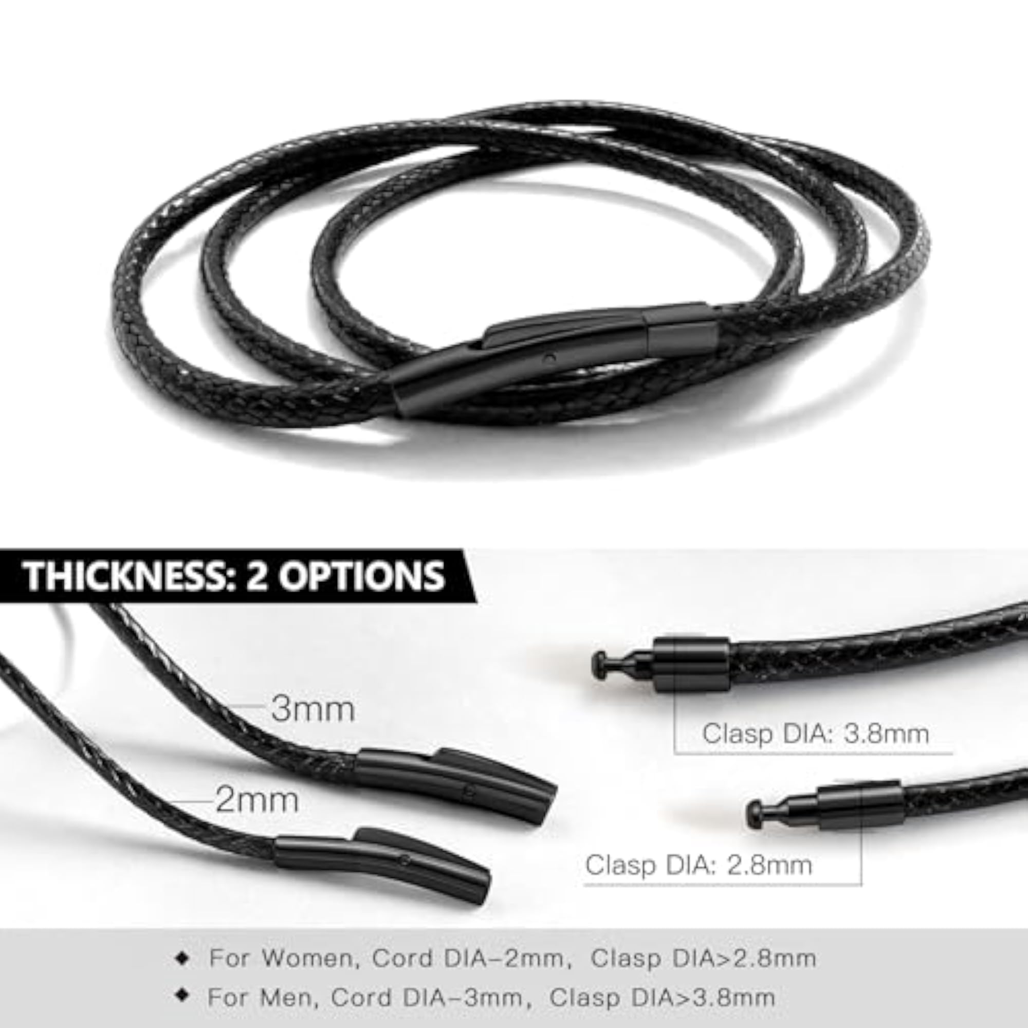 Men's Waterproof Braided Leather Necklace Cord Chain